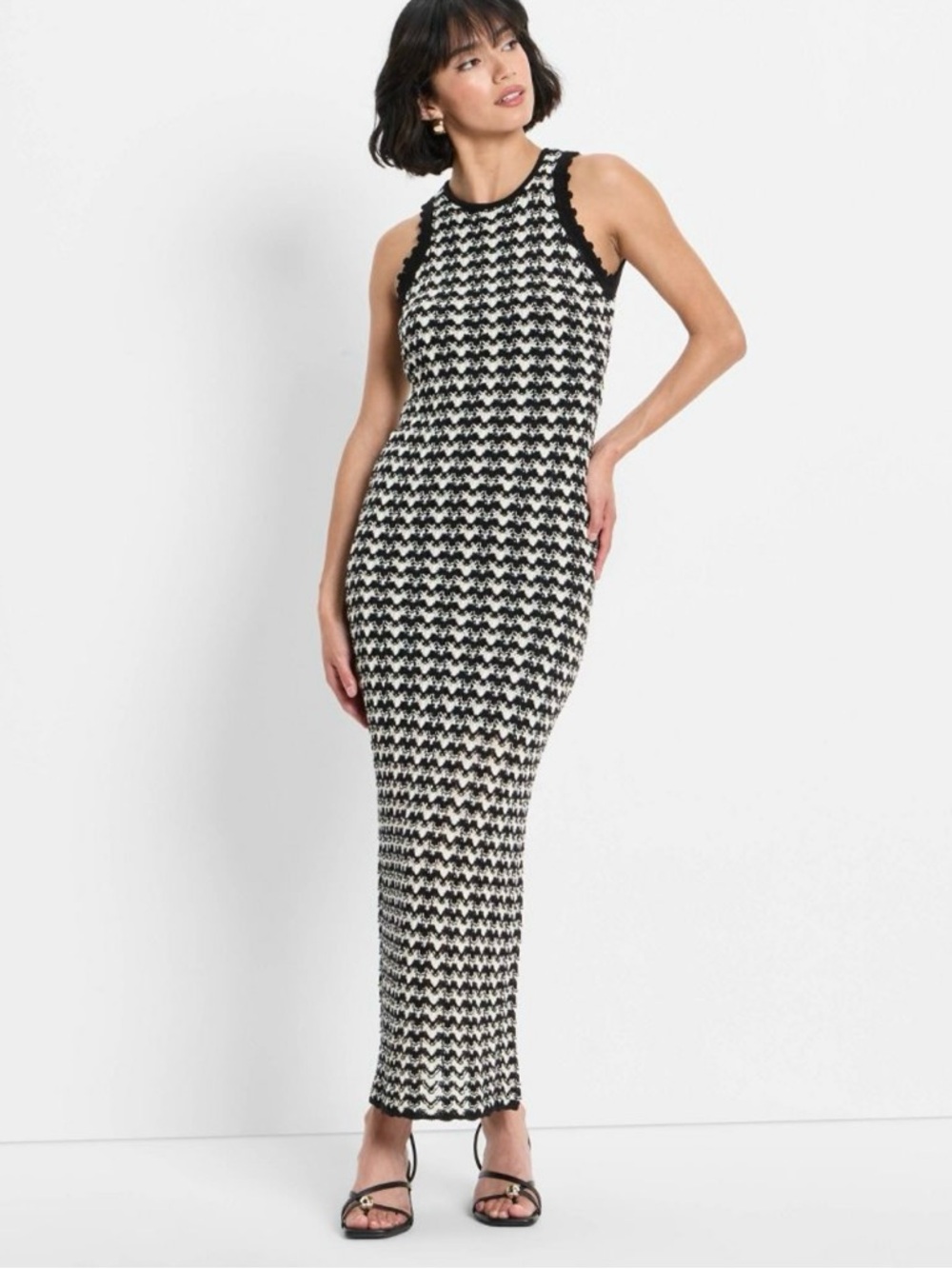 Knitted Sleeveless Black and White Houndstooth Maxi Dress